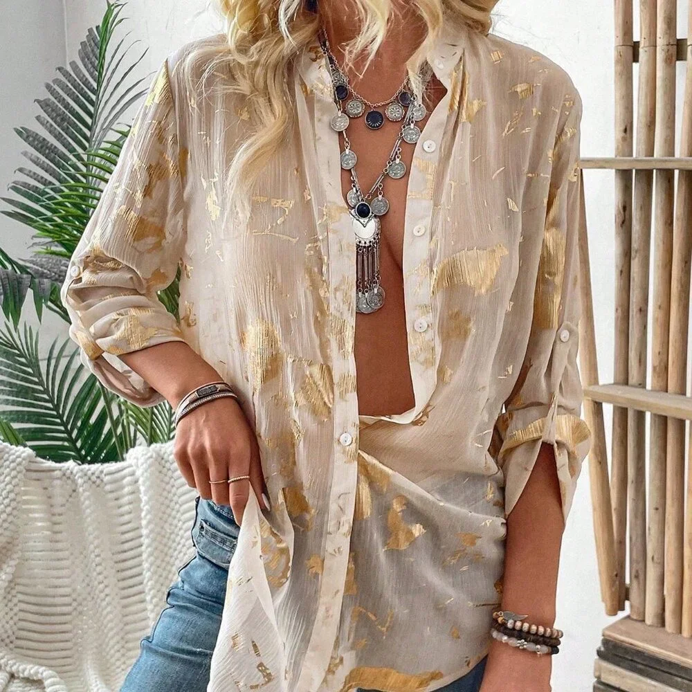 Boho Women's Full Printed Long Sleeve button down Shirt - Picture 8 of 8
